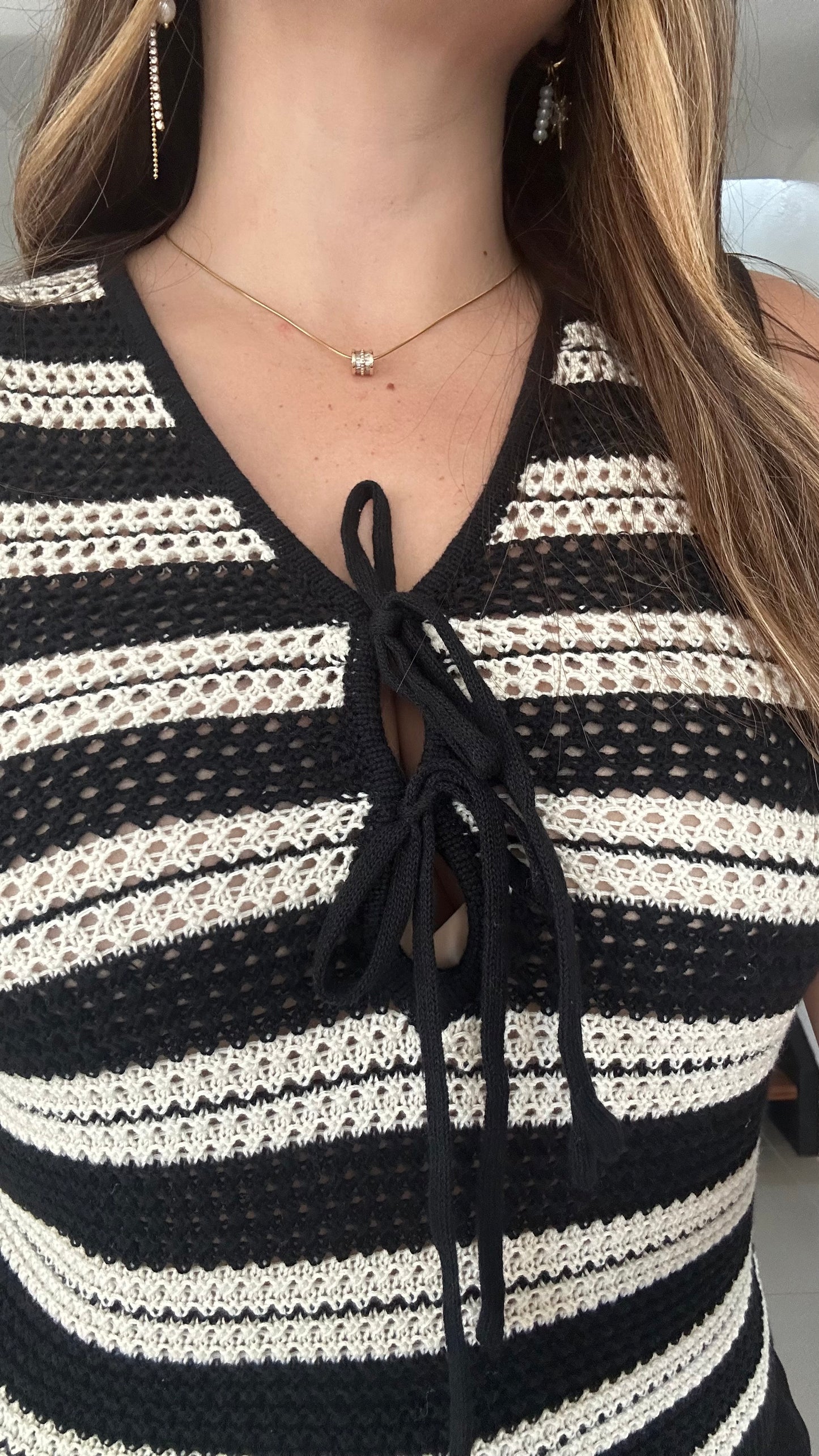 Stripe Front Tie Sleeveless Crochet Knit Pullover