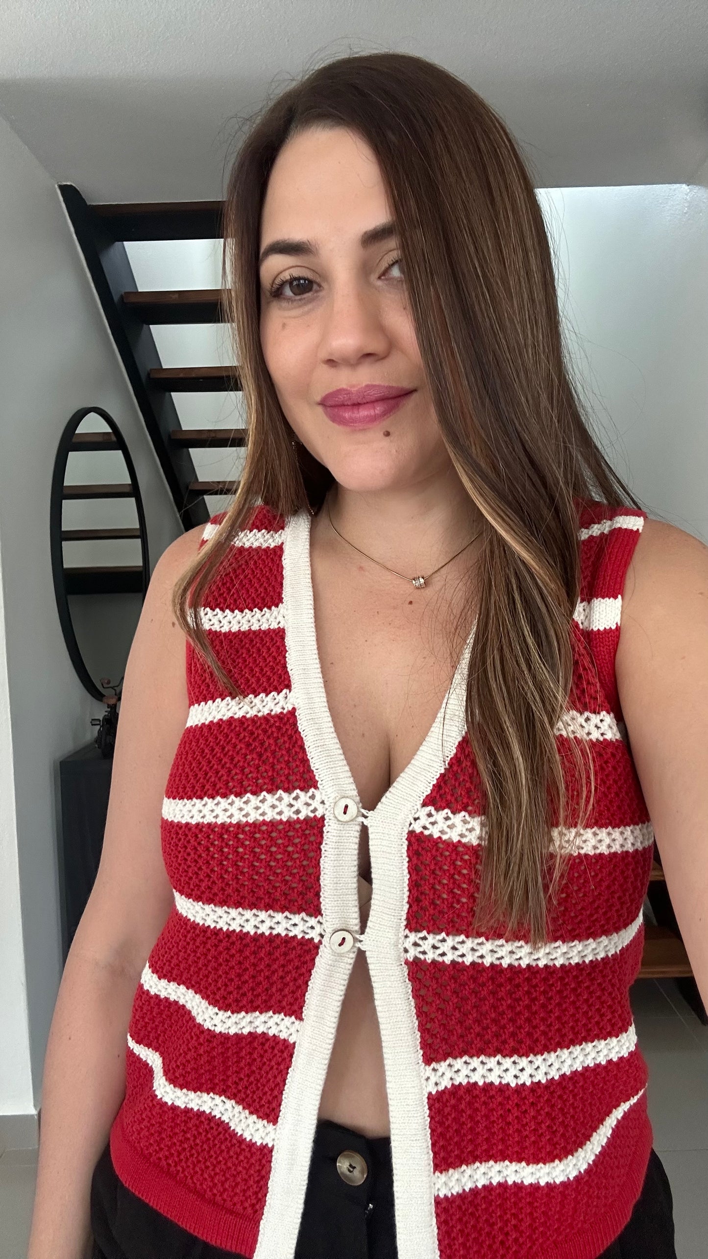 Stripe V neck button front split hem knit vest