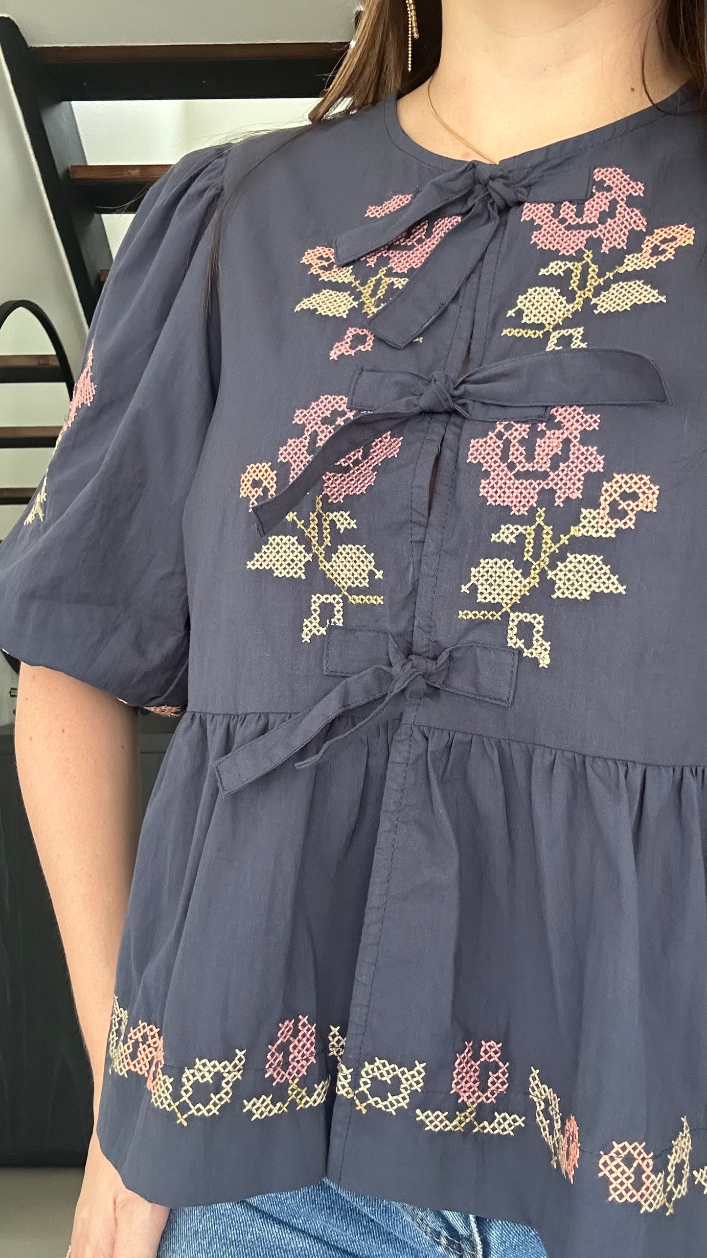 Embroidered Puff Sleeve Bottom Ruffle Front tie top