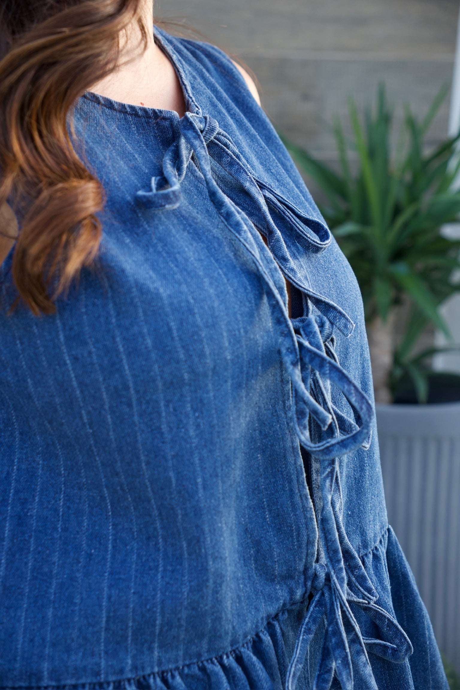 Sam striped denim top with tie-front peplum and matching vertical striped shorts, stylish summer 2-piece set, oversized fit