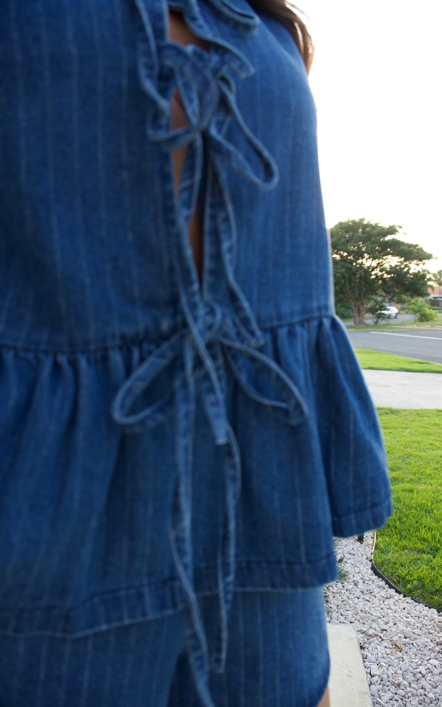 Sam striped denim top with tie-front peplum and matching vertical striped shorts, stylish summer 2-piece set, oversized fit