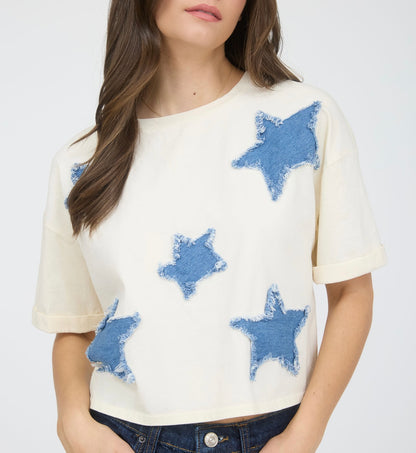 Denim Star Patch Short Sleeve Knit rat-Shirt