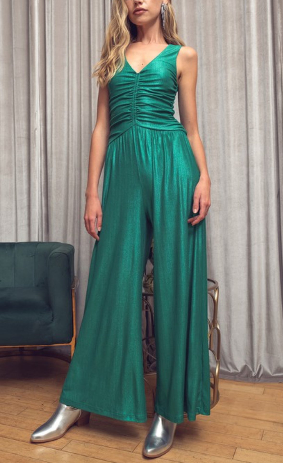 Emerald Shiny Cut Out Back Jumpsuit