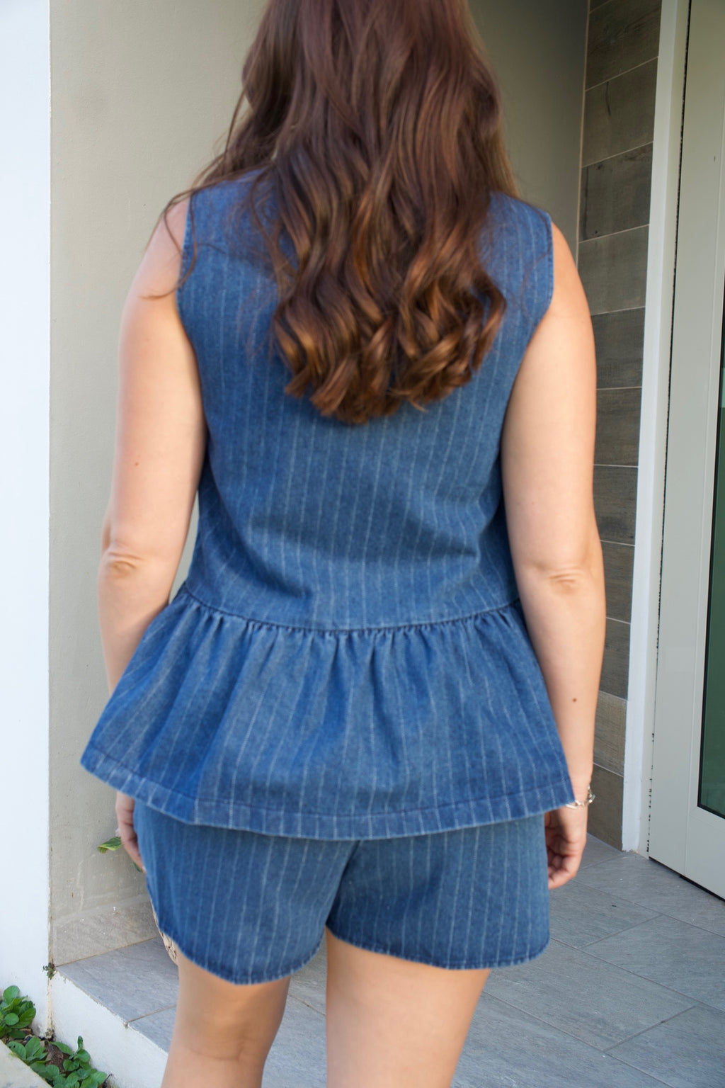 Sam striped denim top with tie-front peplum and matching vertical striped shorts, stylish summer 2-piece set, oversized fit