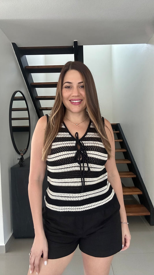 Stripe Front Tie Sleeveless Crochet Knit Pullover