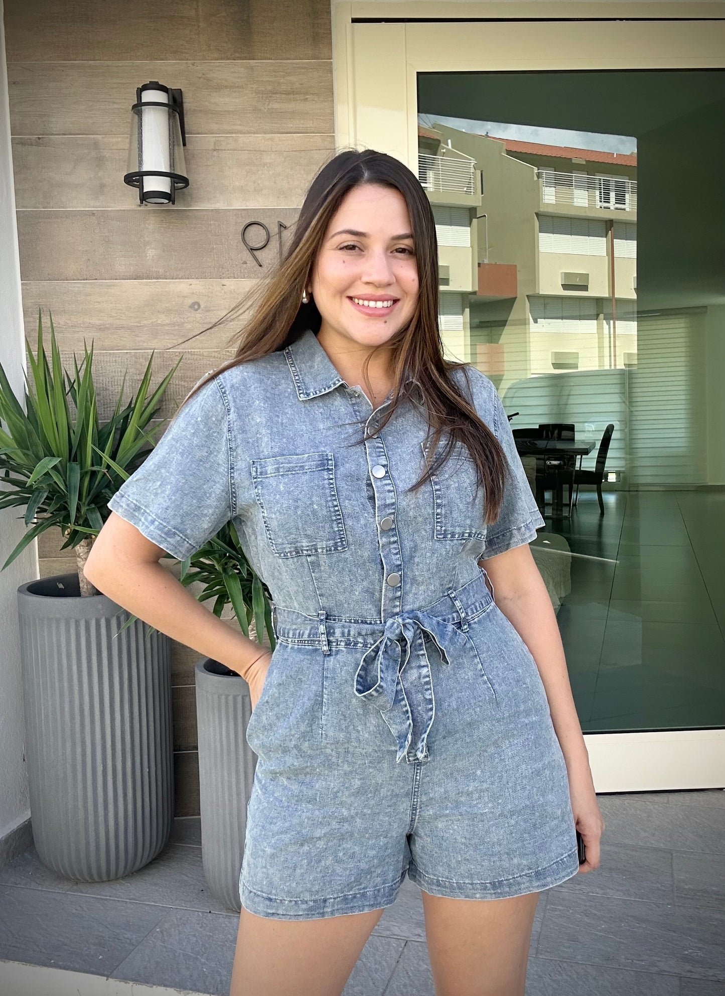 Denim romper with belt