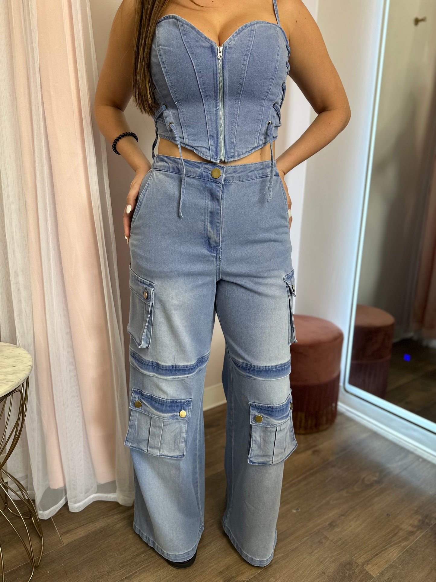 Corset Top & Cargo Pant Denim Set