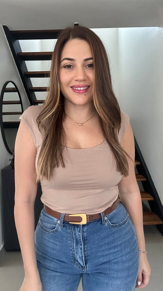 Khaki Scoop Neck Short Sleeve Knit Top