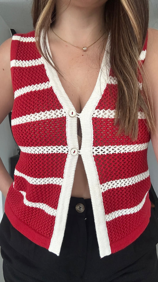 Stripe V neck button front split hem knit vest