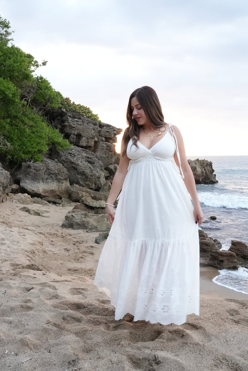 Eyelet lace maxi dress, lightweight flowy fabric, inspired elegance, perfect sunset outfit”