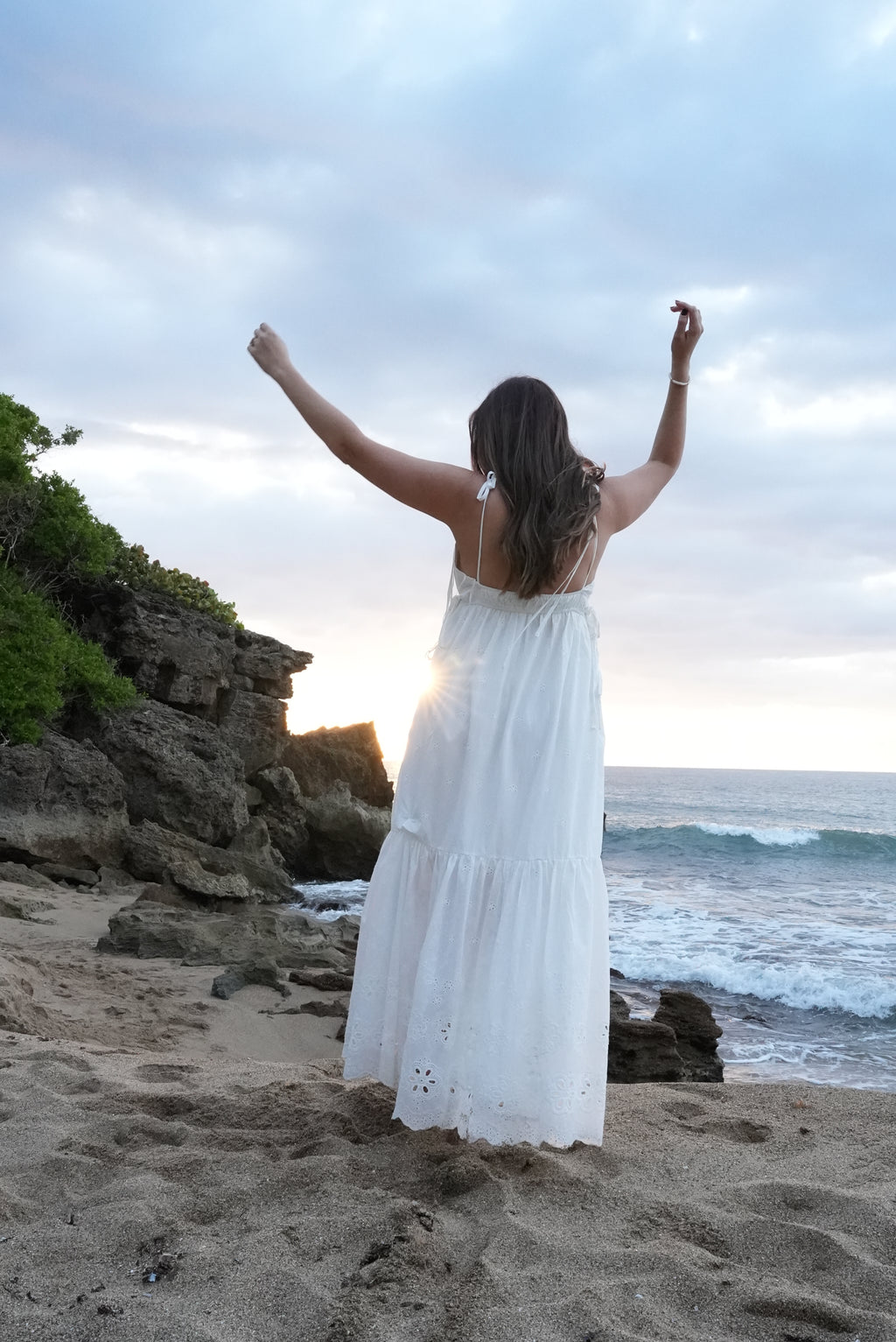 Eyelet lace maxi dress, lightweight flowy fabric, inspired elegance, perfect sunset outfit.