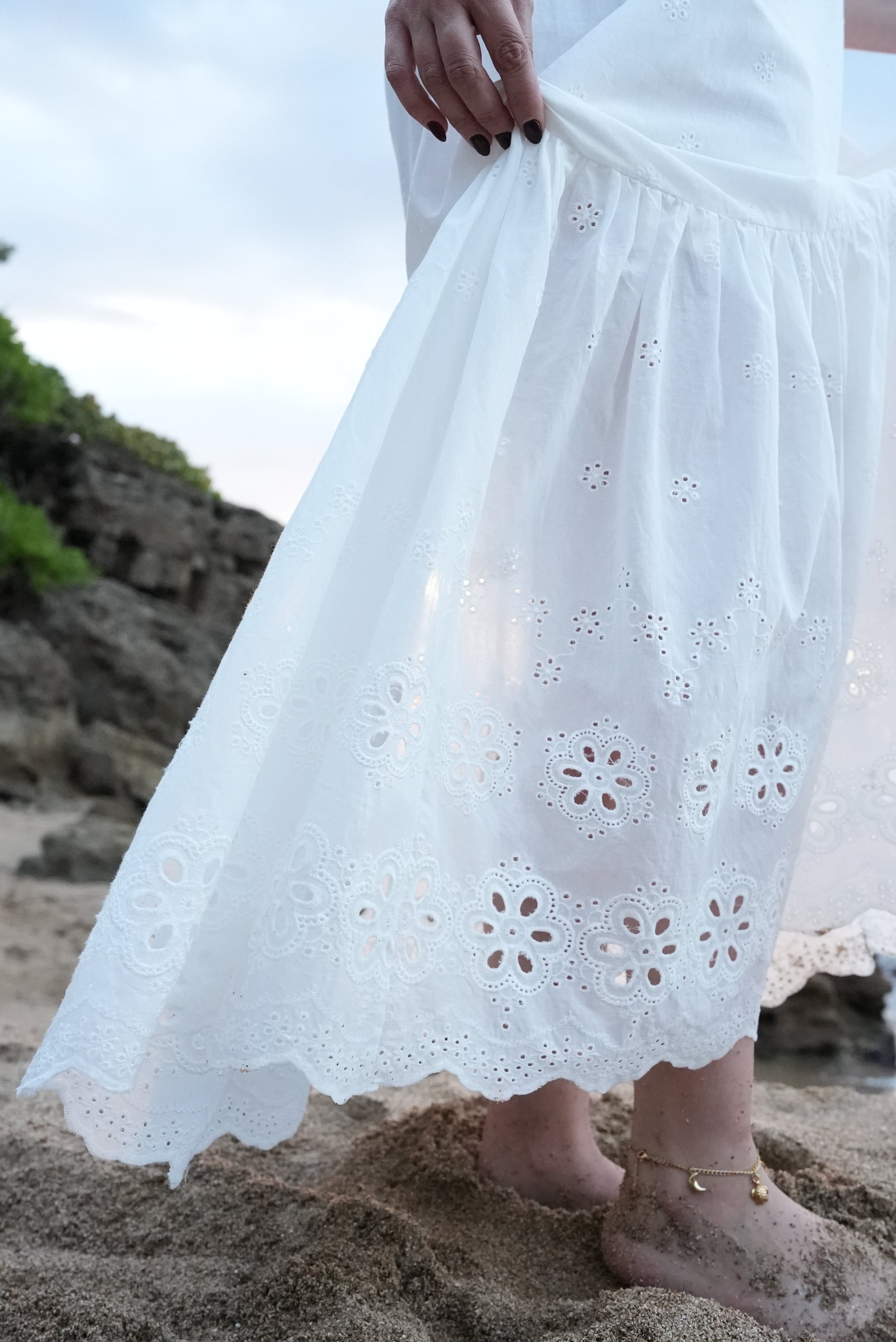 Eyelet lace maxi dress, lightweight flowy fabric, inspired elegance, perfect sunset outfit.