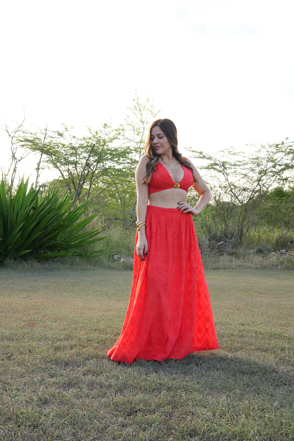 Shell pattern eyelet top with flared skirt, vibrant red 2-piece set, breathable cotton, Puerto Rican inspired style