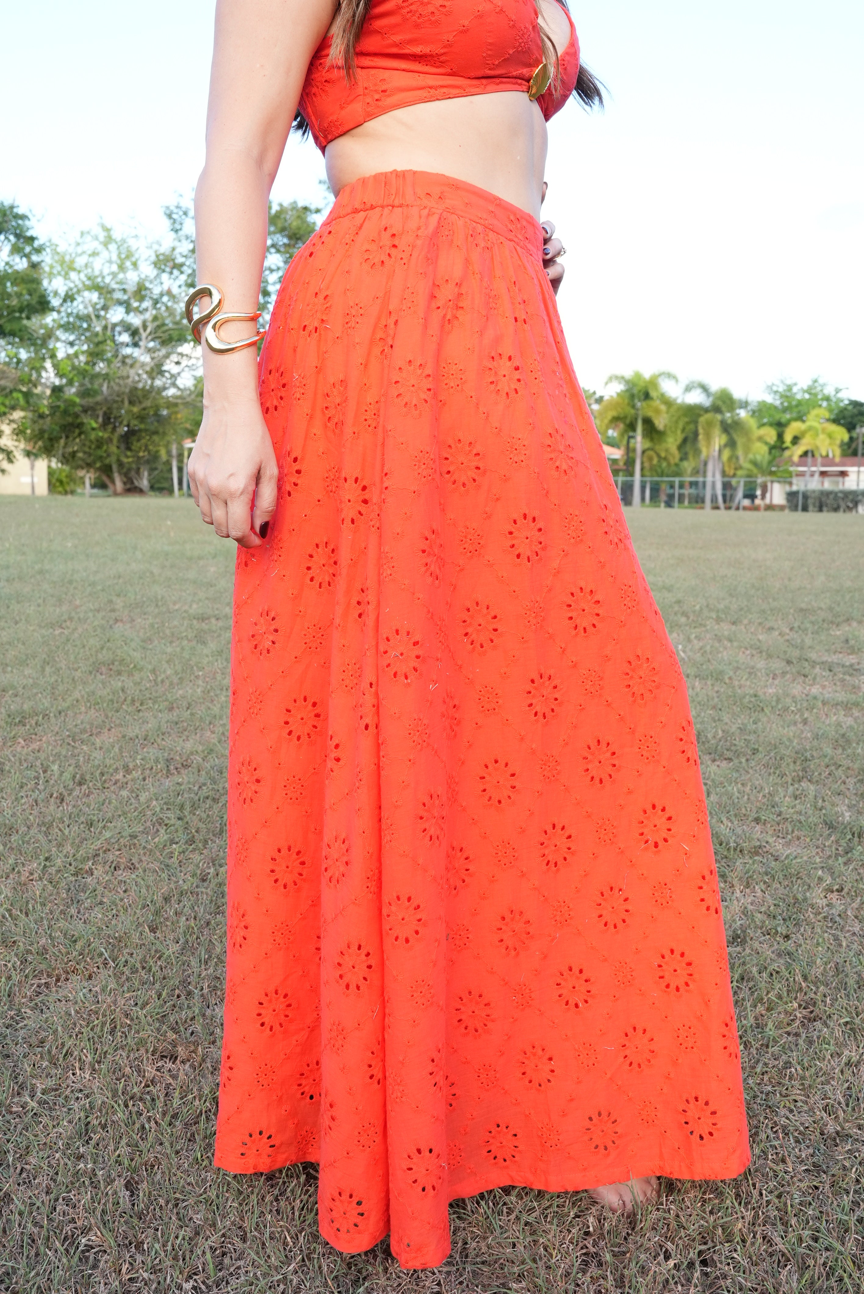 Shell pattern eyelet top with flared skirt, vibrant red 2-piece set, breathable cotton, Puerto Rican inspired style