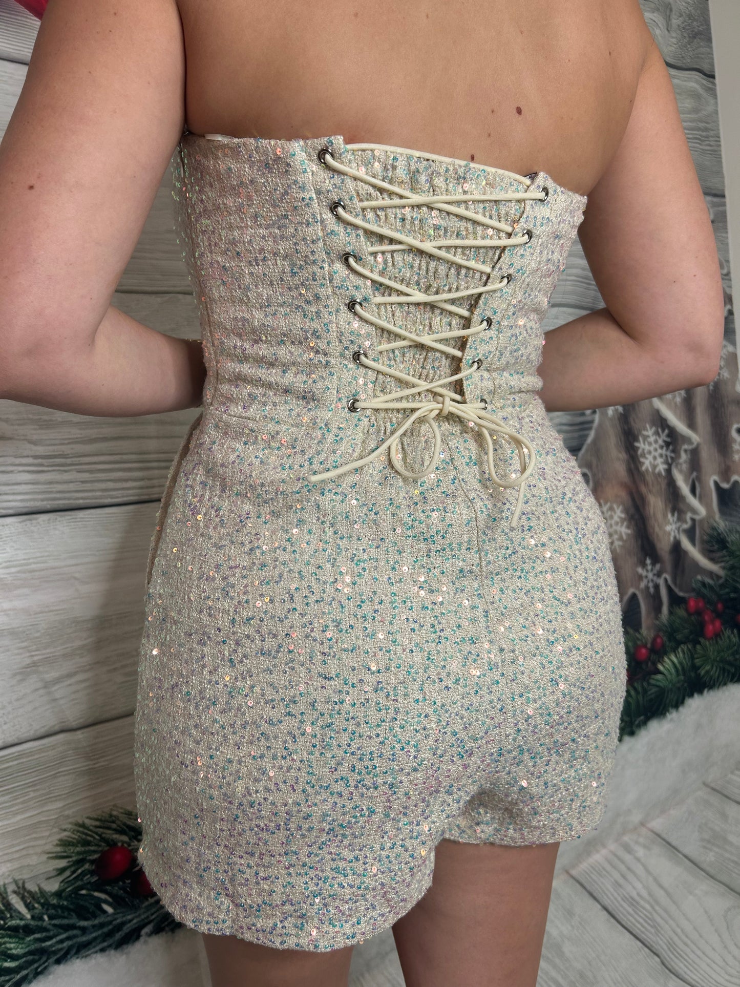 Sequin tweed Lace Up Back Romper