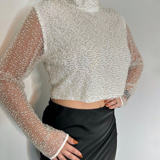 Long Sleeve High Neck Pearl Top