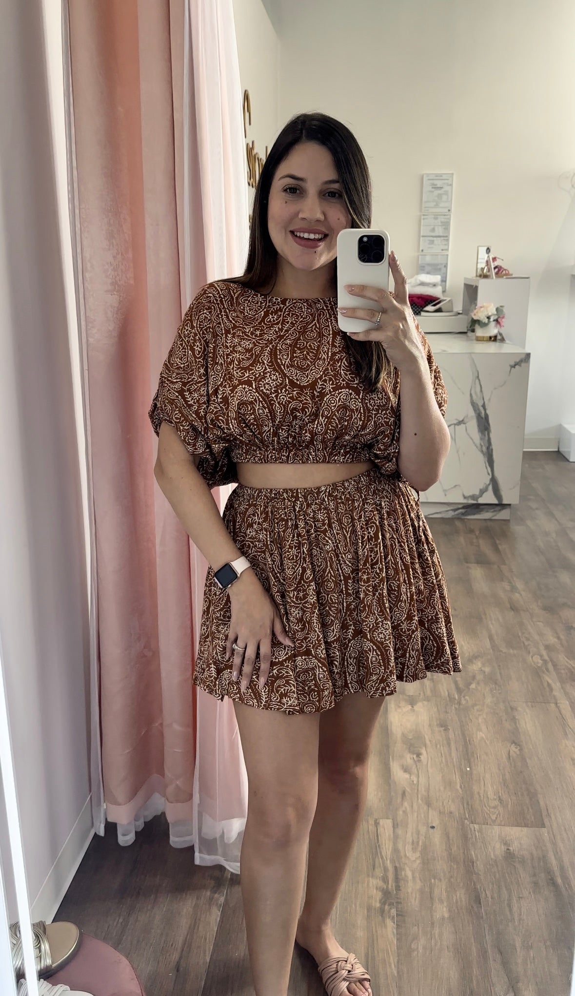 Cognac Paisley Print Crop Top & Mini Skirt