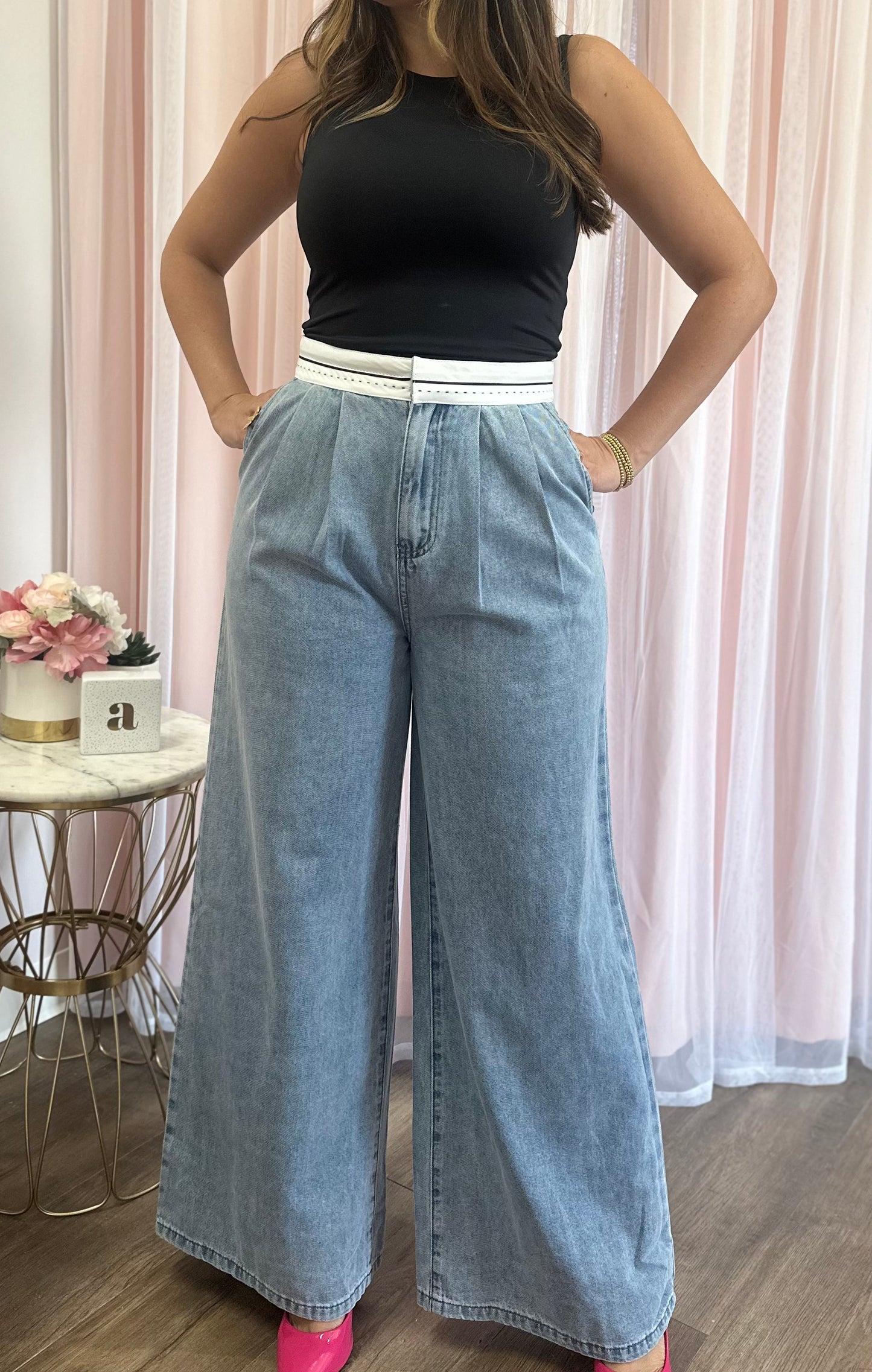 Washed Denim Wide Leg Pants