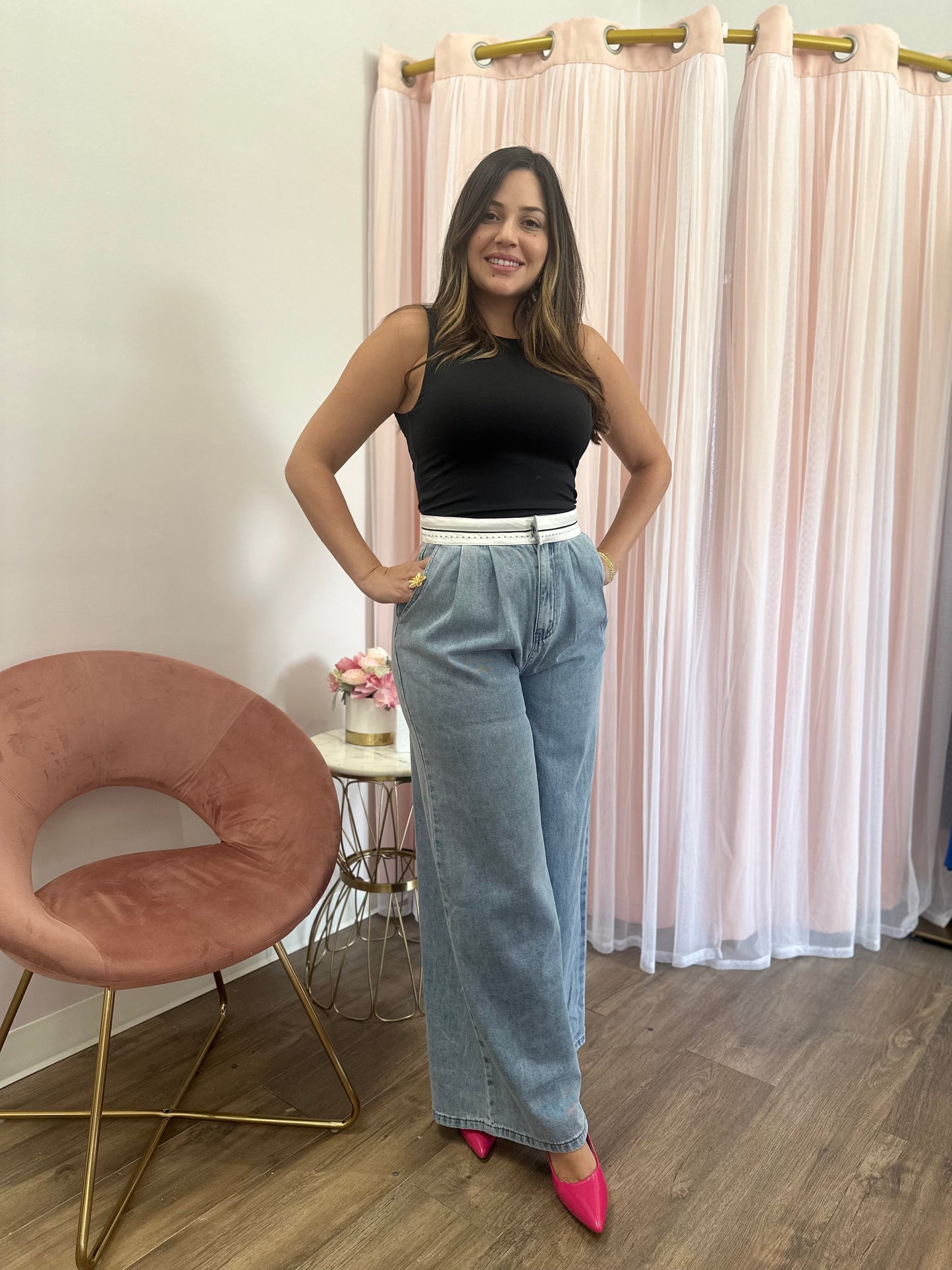 Washed Denim Wide Leg Pants