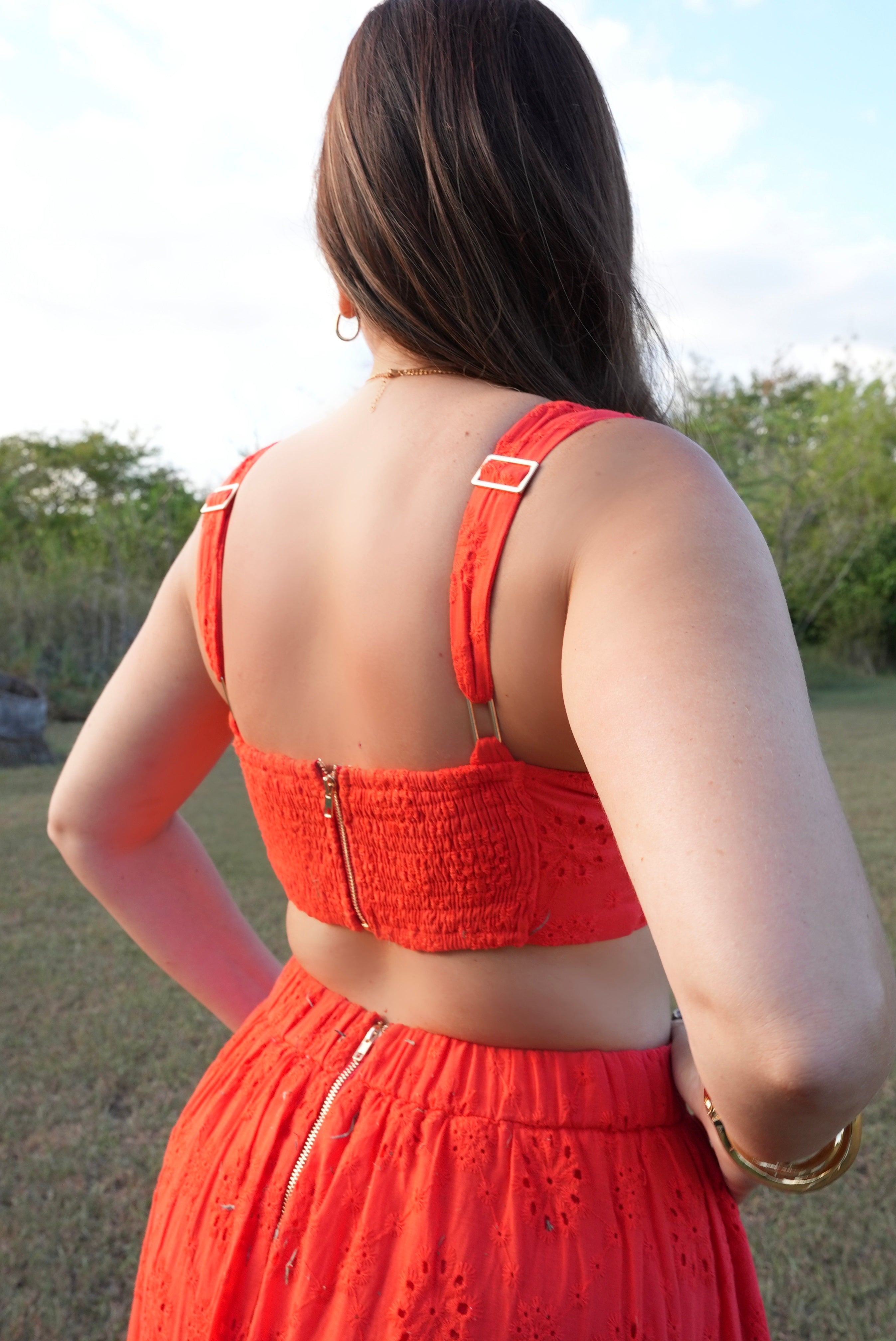 Shell pattern eyelet top with flared skirt, vibrant red 2-piece set, breathable cotton, Puerto Rican inspired style