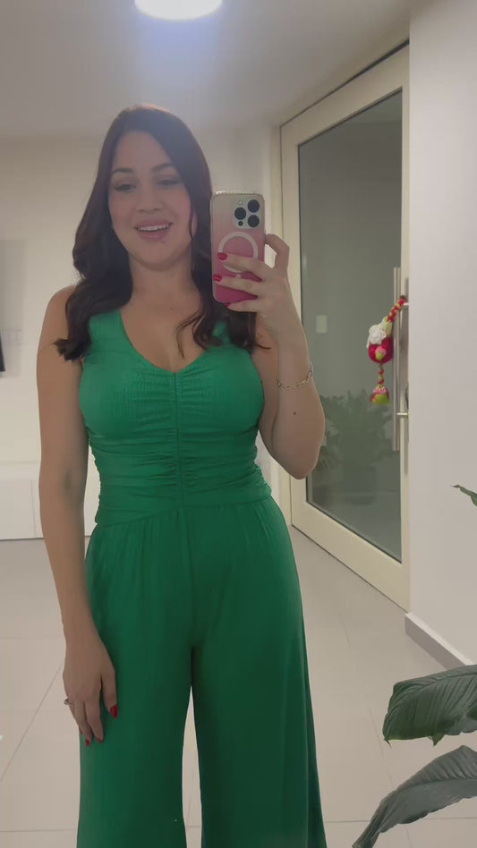 Emerald Shiny Cut Out Back Jumpsuit